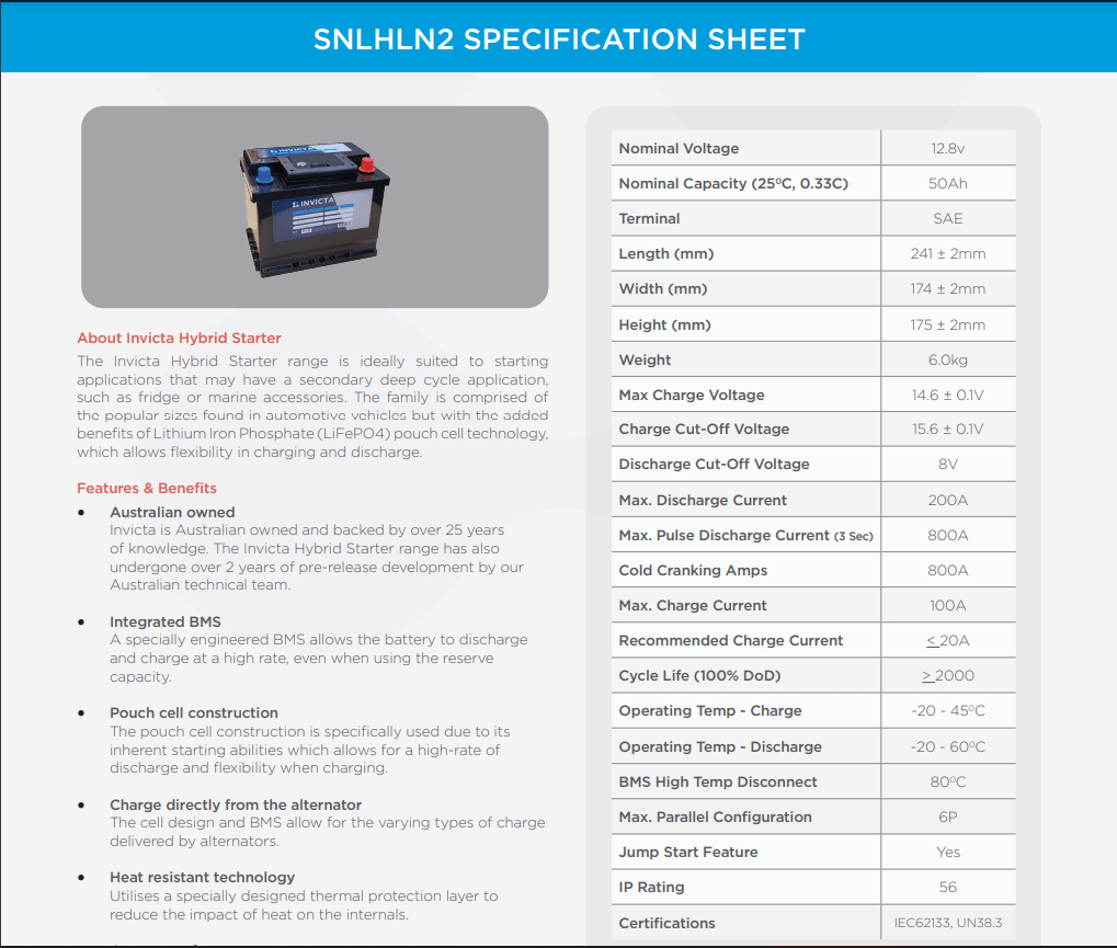 Invicta 12V 50Ah 800CCA Hybrid Lithium Battery LN2 - SNLHLN2 - SolarBox